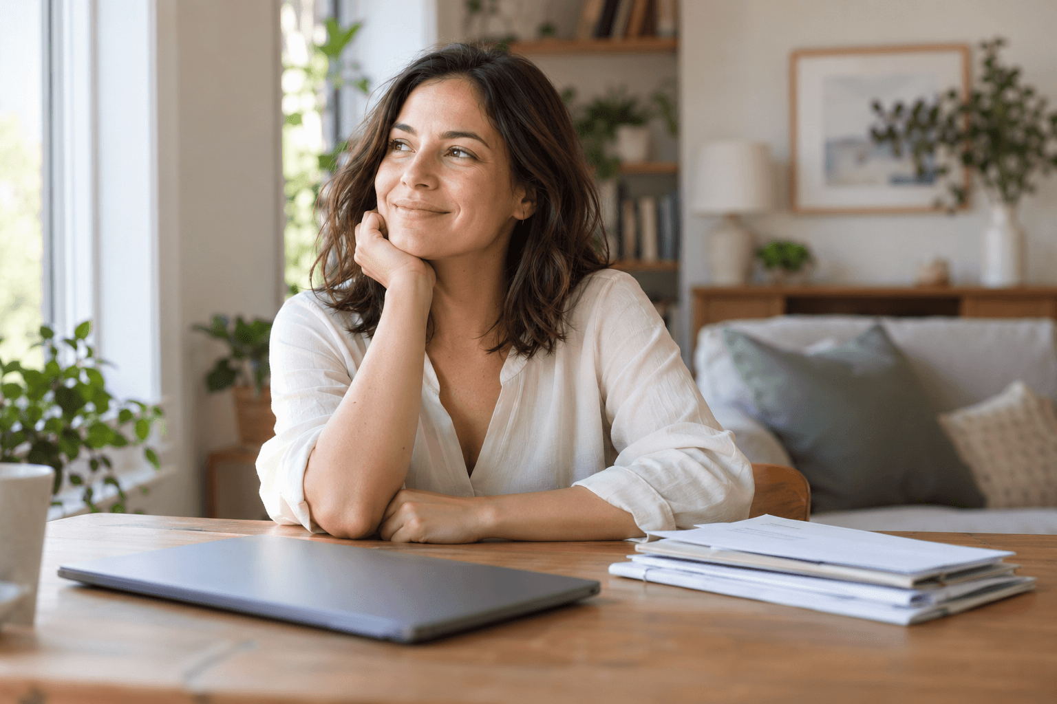 A woman at her kitchen table with her laptop and court papers